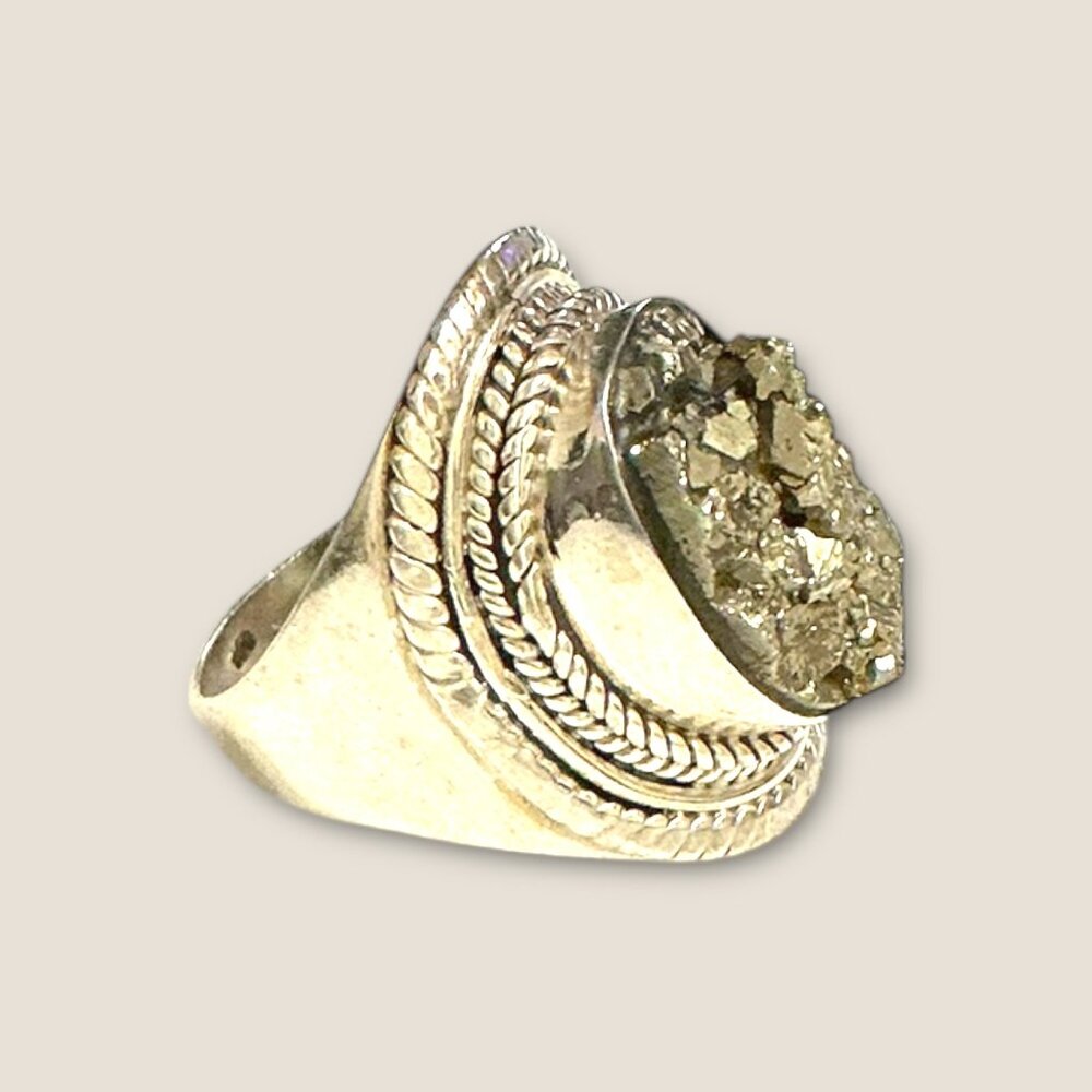 Vintage Sterling Silver Pyrite Statement Ring 7.5 Grams Size 7.5 With Intricate - Picture 3 of 5